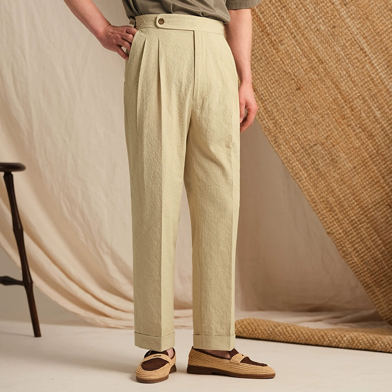 Men's Italian Seersucker Double-Pleat Lightweight Breathable Wrinkle-Free Machine-Washable Casual Trousers