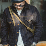 Japanese Retro Washed Dark Denim Jacket Slim Fit for Men's Autumn