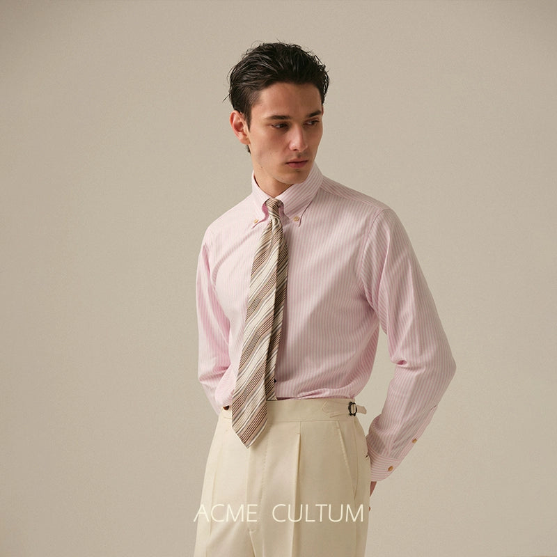 Men's Luxury Italian Stripe Shirt - Skin-Friendly Non-Iron Pure Cotton Long Sleeve Dress Shirt with Point Collar