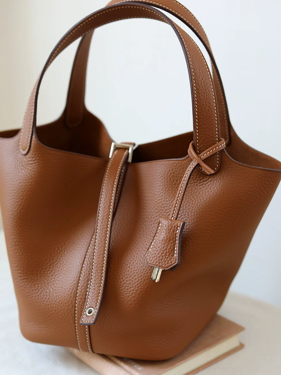 Golden Brown Leather Bucket Bag