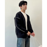 Men's New Black and White Color Matching V-Neck Knitted Cardigan for Casual Elegance in Autumn and Winter