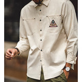 Japanese Retro Long-Sleeved Shirt with Indian Totem Stitching and Pockets - Beige