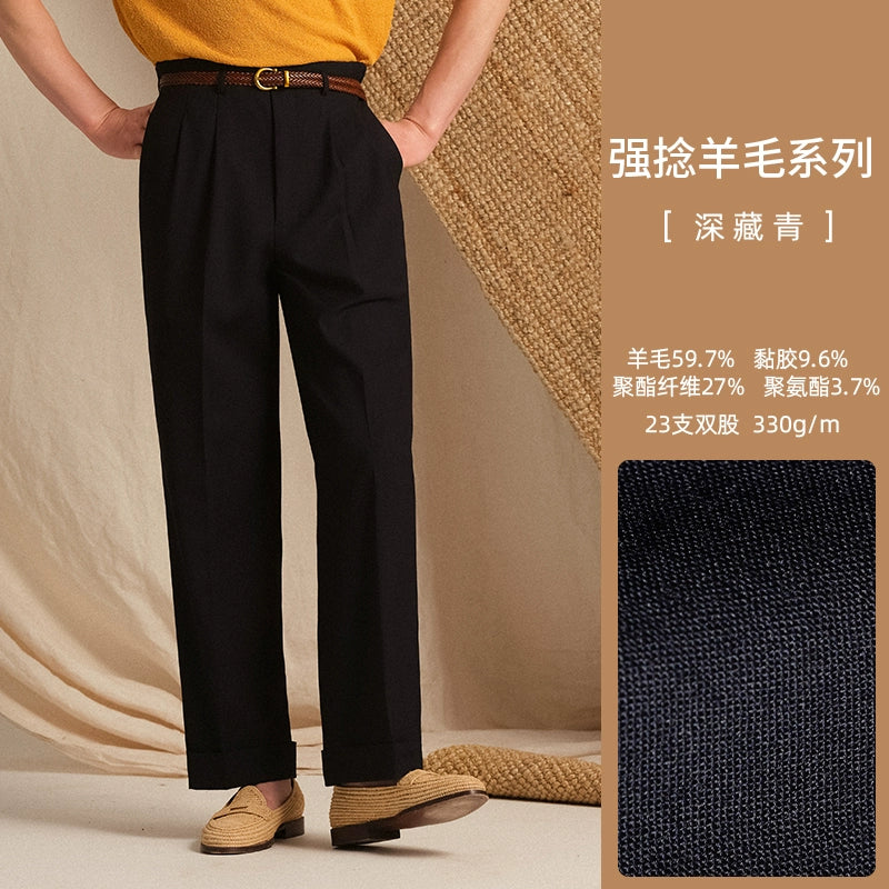 Men's Lightweight Breathable High-Twist Wool Vintage Double-Pleat Hollywood Trousers