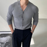 ROAR Korean Men's V-Neck Striped Knitted Cardigan T-Shirt