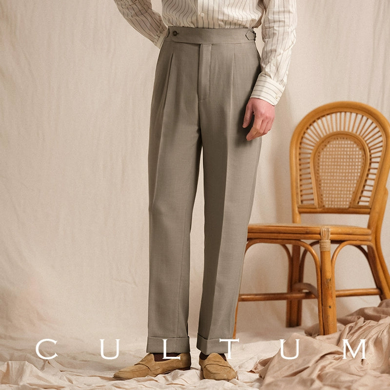 Men's Italian Herringbone Linen Naples Trousers - Wrinkle-Free High-Drape Luxury Suit Pants