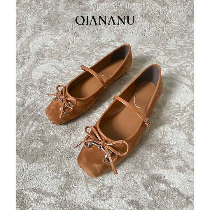 Square Toe Leather Ballet Flats