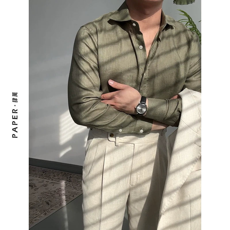 Men's Summer Vacation Linen Series Italian Windsor Collar Shirt - Casual Long Sleeve Stylish Top