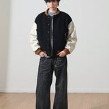Retro Heavy Grain Wool Jacket - Contrast Color, Pu Leather Sleeves, Green Fruit Collar for a Stylish Baseball Vibe