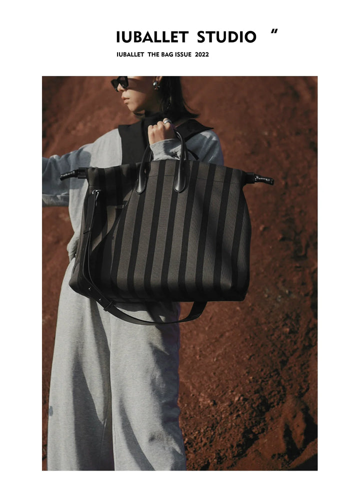 Grey Striped Leather Tote