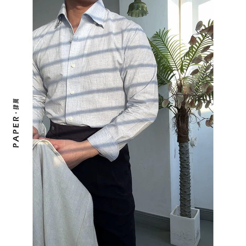 Men's One-Piece Collar Linen-Cotton Shirt - Lightweight Long Sleeve Solid Color Casual Spring/Summer Gentleman's Shirt