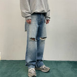 Korean Men's Trendy Knee Brushed White Wide-Leg Jeans for Spring/Summer
