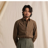 en's Italian Striped Pure Cotton Seersucker Shirt - One-Piece Collar Long Sleeve Lightweight Casual Shirt