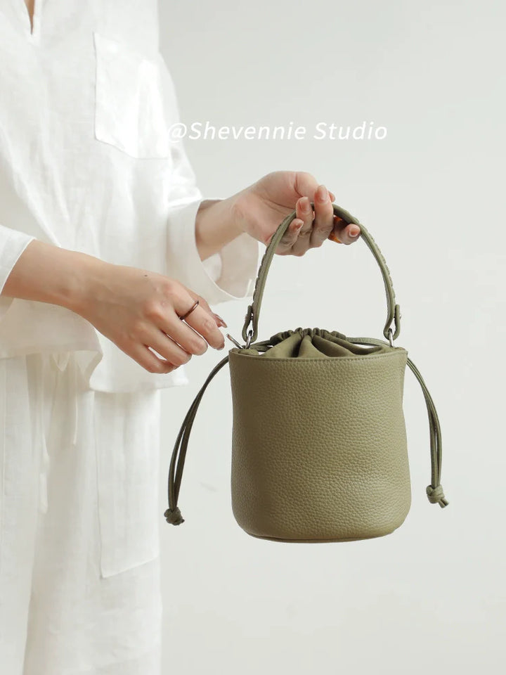 Leather Drawstring Bucket Bag