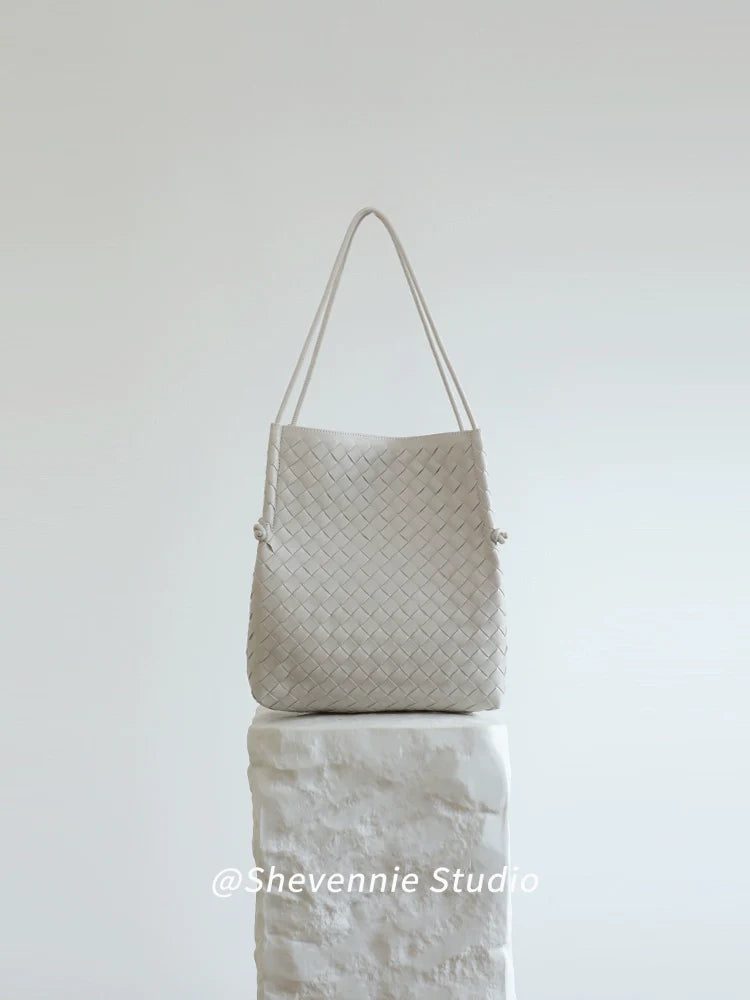 Woven Leather Bucket Tote