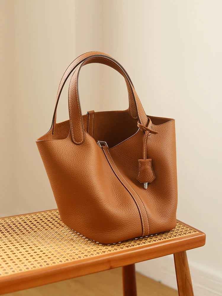 Golden Brown Leather Bucket Bag