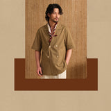 Men's Vintage Double-Breasted Short Sleeve Shirt - Natural Cotton Linen Blend Casual Notch Collar