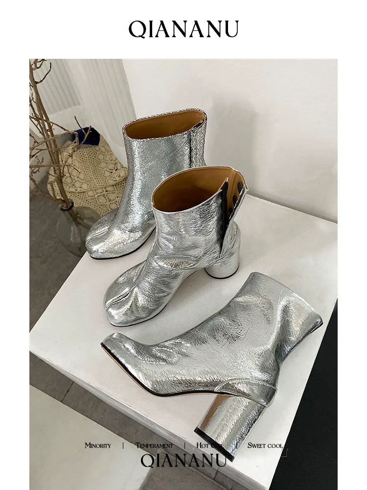 Cracked Silver Leather Tabi Boots