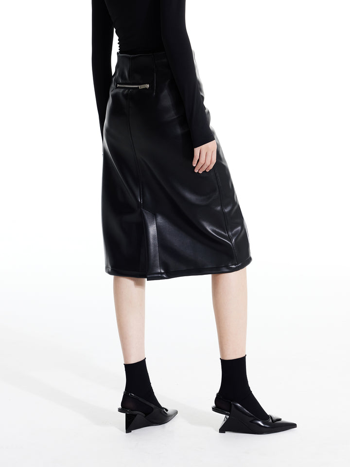 Reflective Leather Midi Skirt