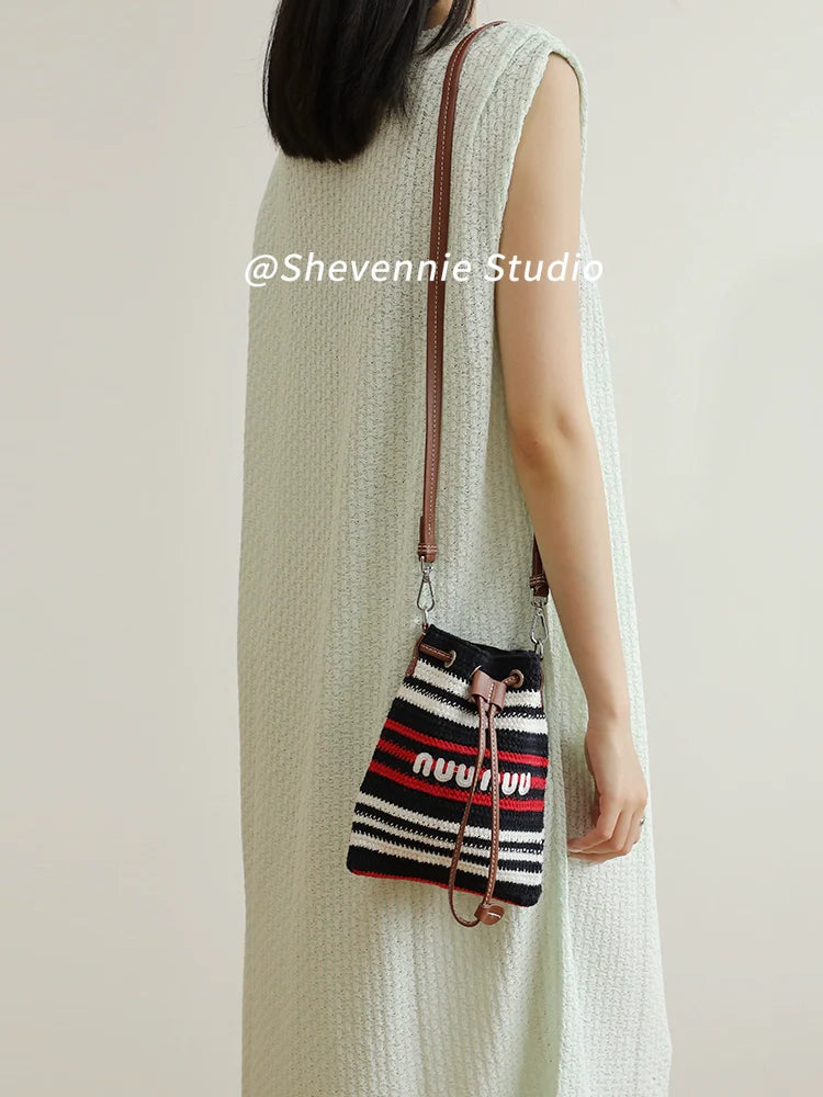 Striped Leather Bucket Bag