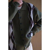 Japanese Retro Rhombus Loose Knit Cardigan for Autumn and Winter