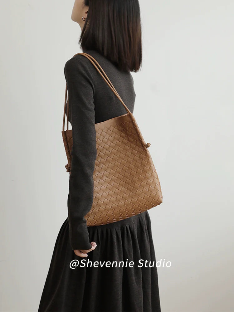 Woven Leather Bucket Tote