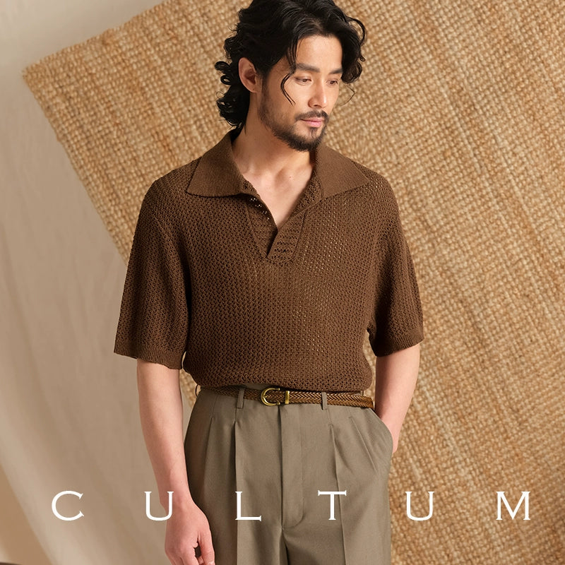 Men's Italian Breathable Cotton-Linen Blend Polo Shirt -  Short Sleeve Vintage Openwork Knit