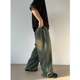 Korean Style Silhouette Jeans - Retro Distressed Look, Washed Finish, Damaged Holes, Casual Loose Fit