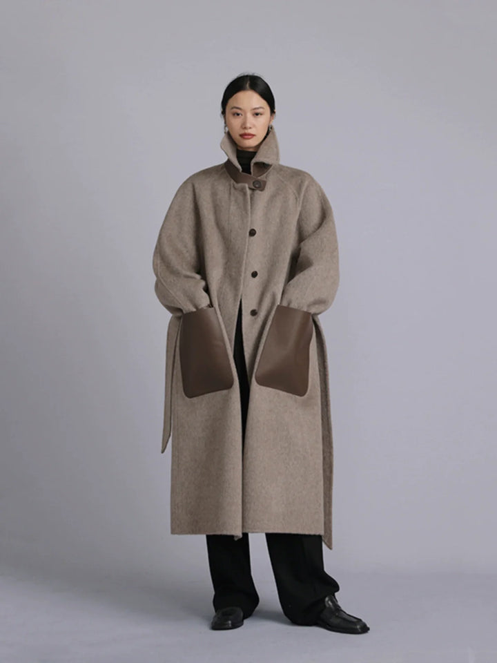 Lambskin Spliced Woolen Coat