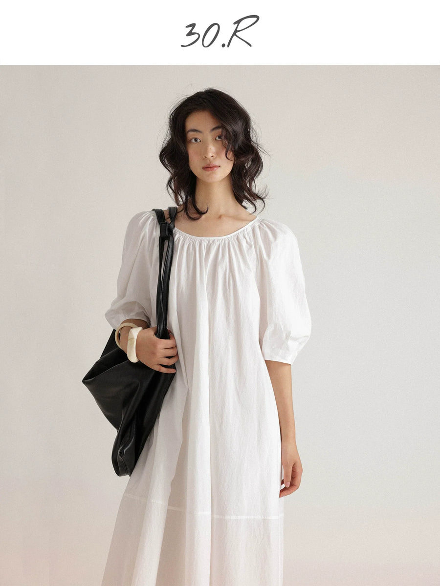 Natural Cotton Pleated Midi Dress