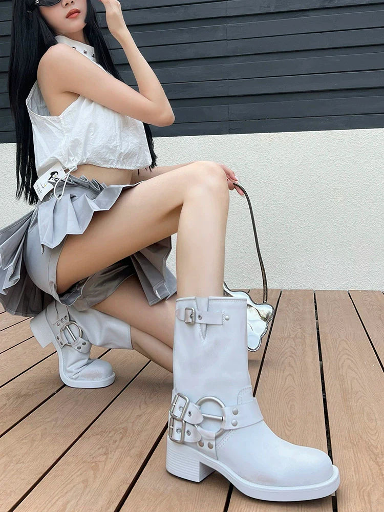 White Metal Buckle Biker Boots