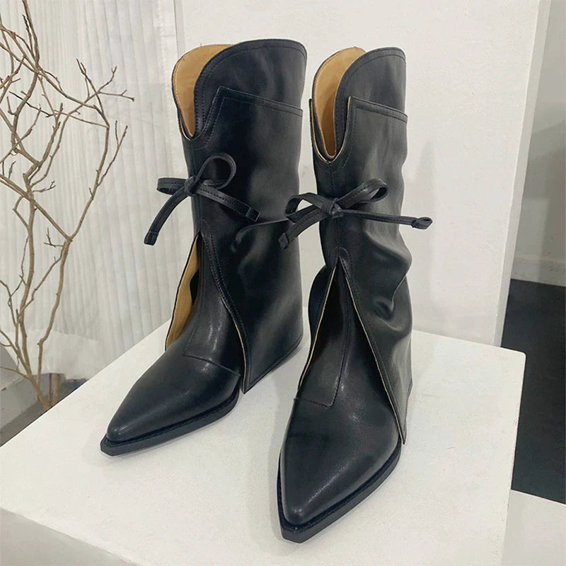 Bow Pointed Leather Boots