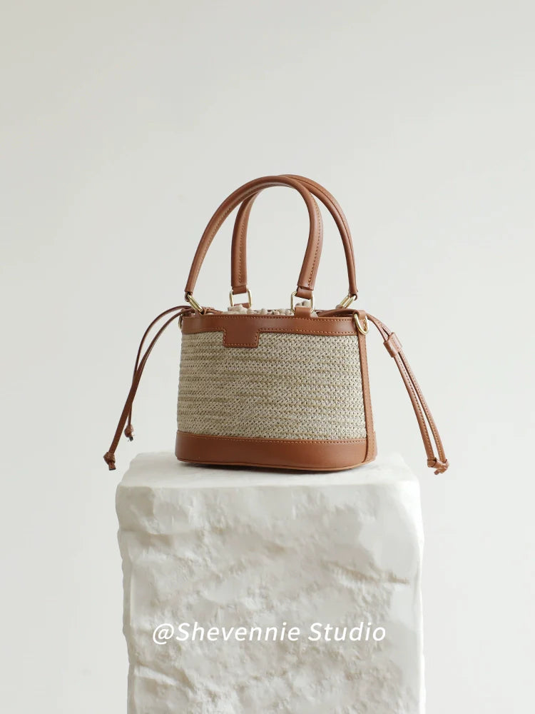 Stitched Straw Bucket Bag