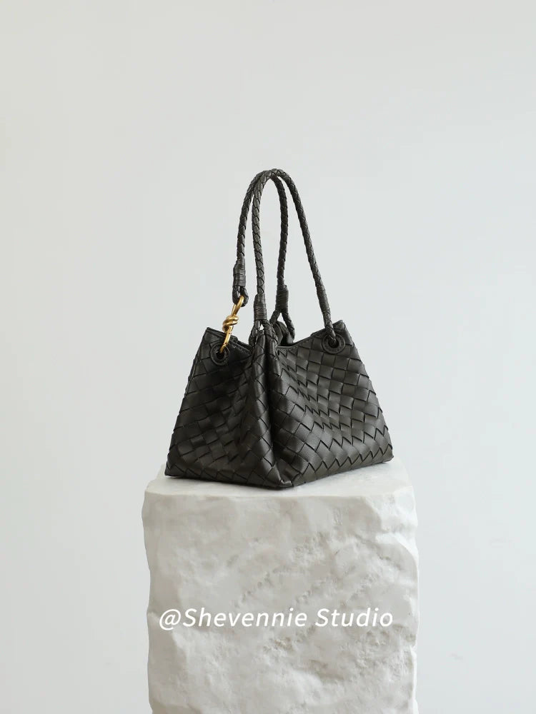 Woven Leather Messenger Tote