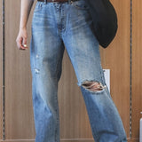 Korean Raw Edge Asymmetric Jeans Heavy Industry Wash Loose Fit