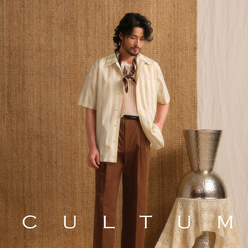 Men's High-Quality Cotton Striped Cuban Collar Short Sleeve Shirt - Lightweight Vintage Vacation Style
