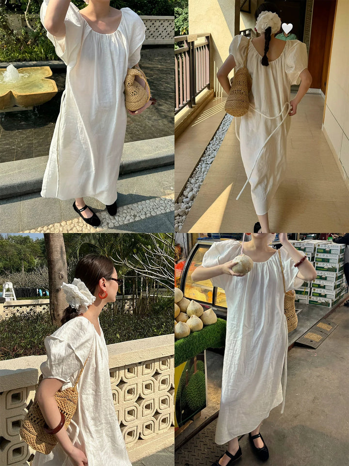 Linen Puff Sleeve Dress