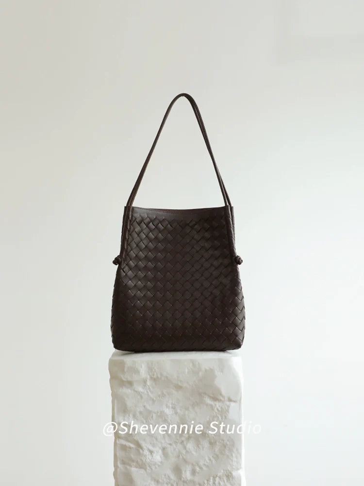 Woven Leather Bucket Tote