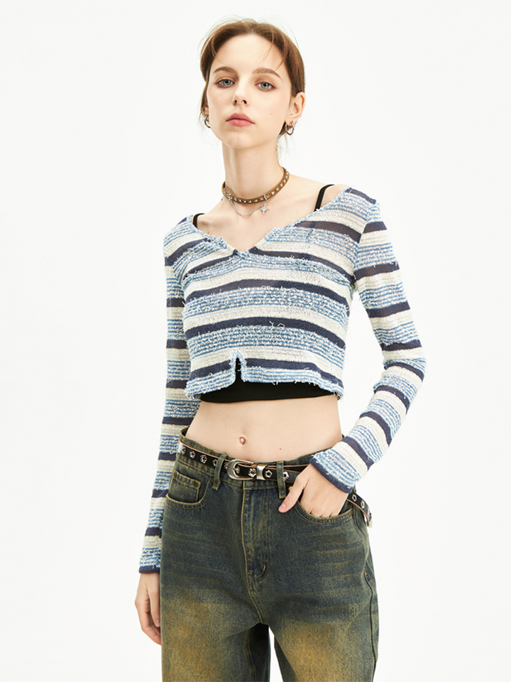 Striped V-Neck Slim Sweater