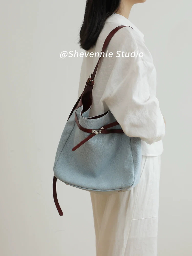 Washed Denim Leather Tote