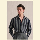Men's Handcrafted Striped Cotton Cuban Collar Long Sleeve Shirt - Spring Casual Luxury Base Layer