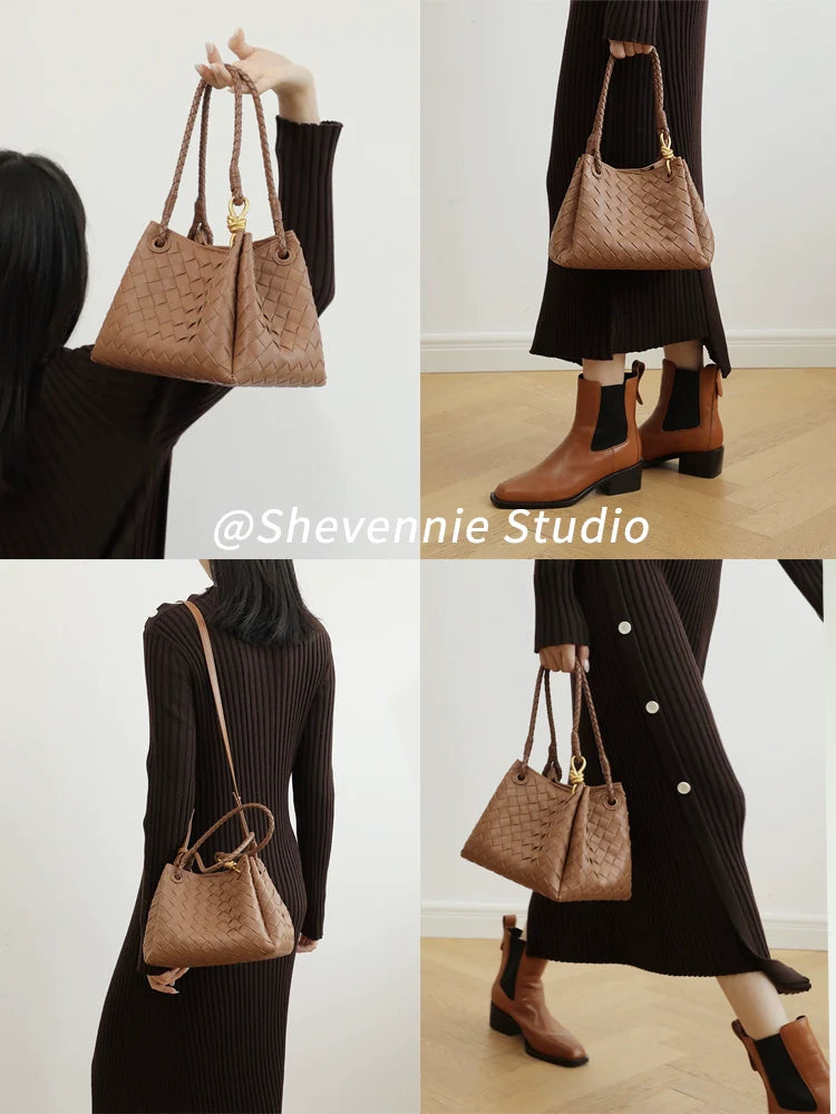 Woven Leather Messenger Tote