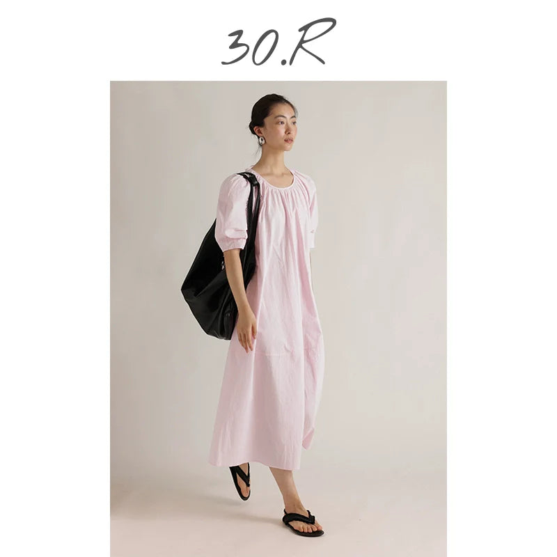 Natural Cotton Pleated Midi Dress