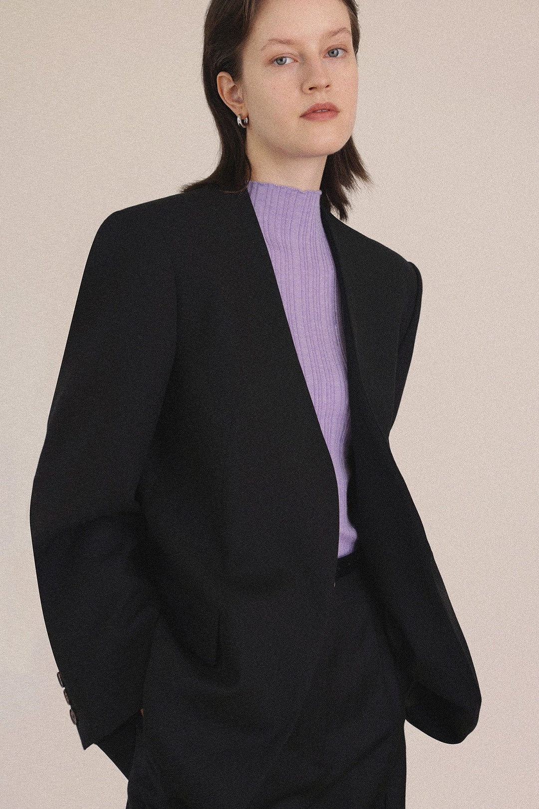 Wool Twill Collarless Blazer