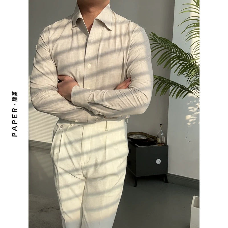 Men's One-Piece Collar Linen-Cotton Shirt - Lightweight Long Sleeve Solid Color Casual Spring/Summer Gentleman's Shirt