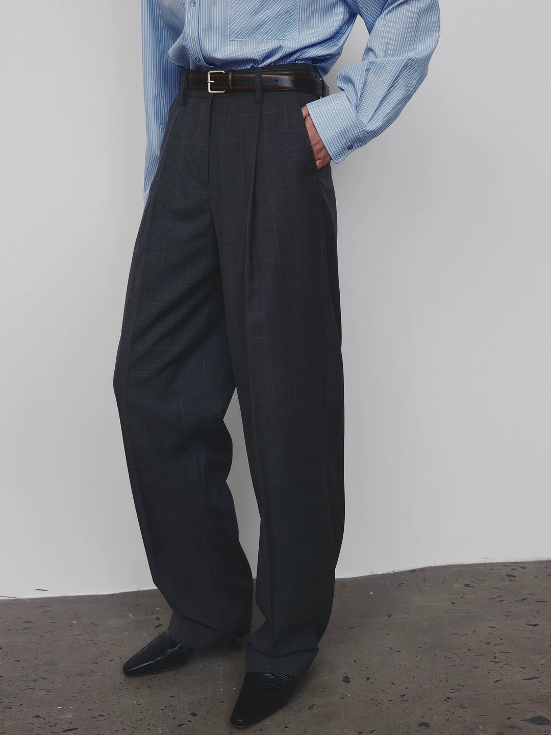 Wool Plaid Tapered Trousers