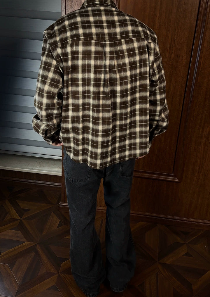 Oversized Low Saturation Earth Tone Plaid Shirt with Distressed Hem - Basic Shirt 23FW Drop 1