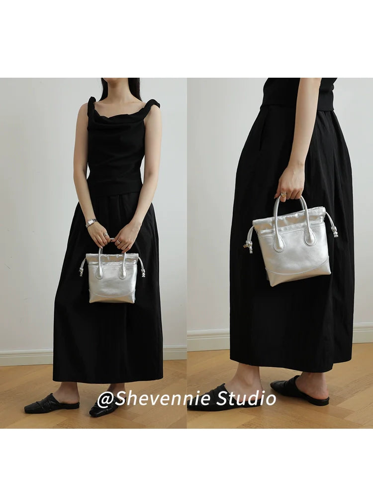 Silver Pleated Leather Bucket Bag