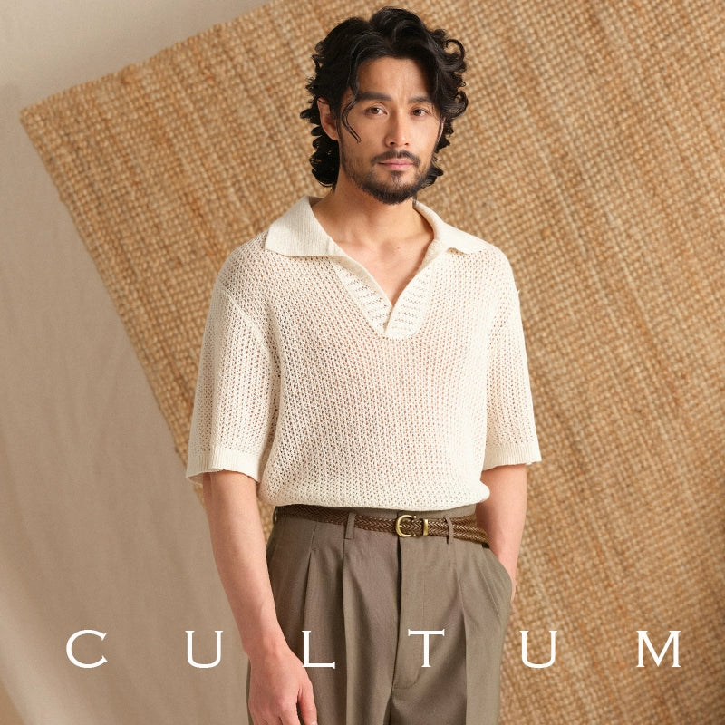 Men's Italian Breathable Cotton-Linen Blend Polo Shirt -  Short Sleeve Vintage Openwork Knit
