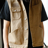 Ami Khaki Multi-pocket Beaded Canvas Vest Hunting Jacket