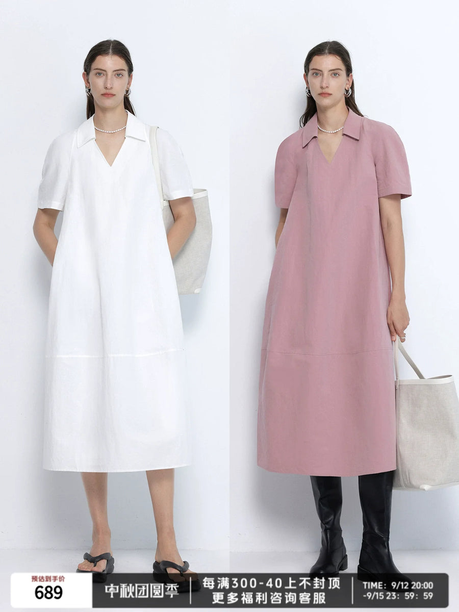 Cotton Linen V-Neck Midi Dress